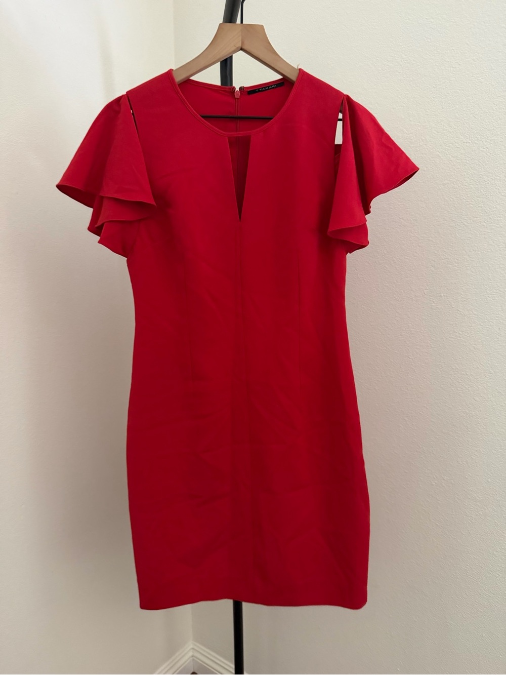 Tahari Red Cold-Shoulder Sheath Dress with Ruffle Sleeves - Picture 2 of 5